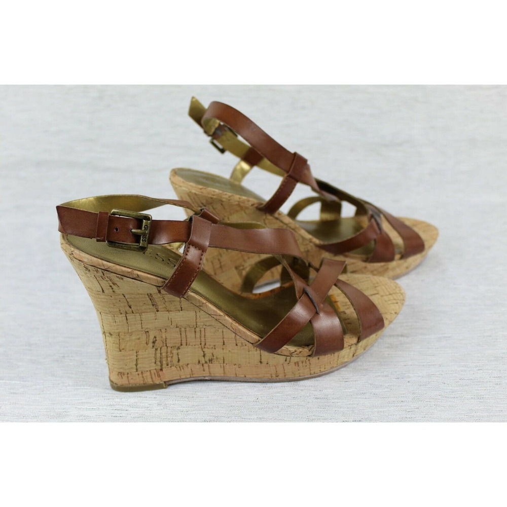 Guess Brown Leather Platform Cork Wedge Sandal‎ Style Heels Size 7M